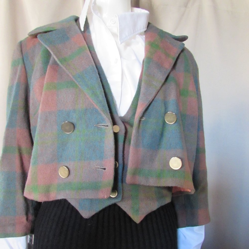 SALE Vintage Plaid Short Jacket & Weskit Vest - Picture 3 of 10